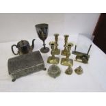 Mixed metalware including Mappin and Webb silver plated goblet and brass candle sticks