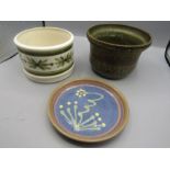 3 studio pottery items- 2 vases and a plate