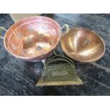 Copper colander, bowl and letter rack