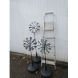 3 Galvanised garden windmills and step ladder