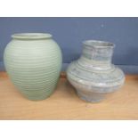 Lovatts green ribbed vase 26cmH and a studio pottery blue glazed vase 24cm H