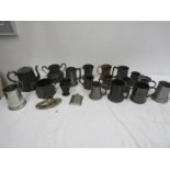 Pewter tankards and teapots, some plate