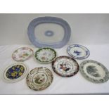 Large platter and 6 antique plates to include Doulton Norfolk, Royal Doulton, Minton, Poonah (1845-