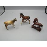 Miniature Beswick horse and cow figurines, and wooden horse. (Cows leg has been broken and