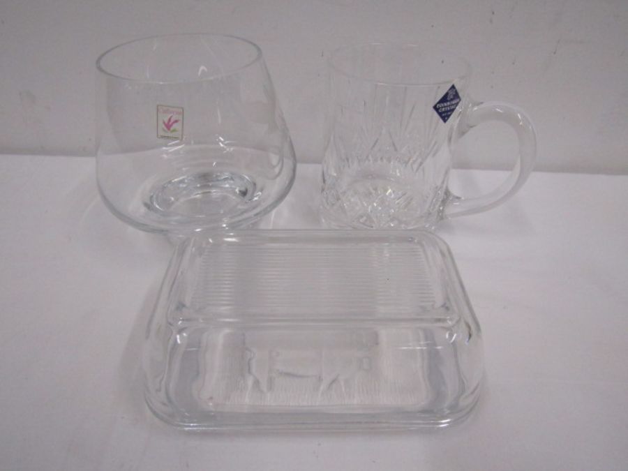 Caithness etched glass, Edinburgh crystal tankard and butter dish