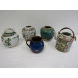 Chinese Familile rose teapot, 2 vintage ceramic ginger jars and a studio pottery jar