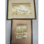 Watercolours of a fishing scene and comical poolside scene with pheasant topiary