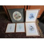 4 Framed floral prints and signed watercolour