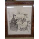 Charcoal drawing of ladies having tea in a maple frame 14x12" app indistinctly signed