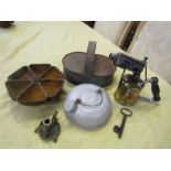 Mixed metalware including brass blow torch and candle stick etc