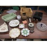 A collectors lot to include a copper jug, metal cash tin, vintage china, mount cutter, container