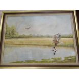 P. Welch oil on board of a marsh harrier and lapwing