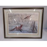 After Robert E Fuller limited edition 456/800 print of a pheasant and a fox. 60cm x 77cm pencil
