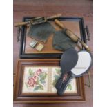 French collection bags, 2 ebony hand mirrors, tins and 2 trays