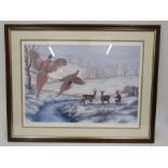 After Robert E Fuller limited edition 125/850 print of pheasants flying over group of deer. 77cm x