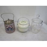 3 vintage biscuit barrels, one glass with hand painted lily of the valley flowers, one pink glass