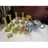 Mixed metalware including brass candle sticks and pewter teapot