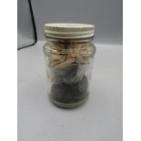 Small jam jar of coinage including copper, bronze, 1d and 1/2d- about 10 readable, most c1800 plus