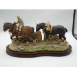 Border Fine Arts 'Coming Home' JH9B - 2 heavy horses by Judy Boyt on wood plinth, approx 36cms long