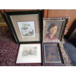 2 Framed oil paintings, vintage photograph and print of chapel