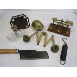 Brass/metal collectors lot to include brass walnut, trivet, scales, candle holders, cleaver etc