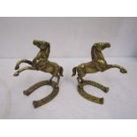 Pair of brass horses on horseshoe stands H24cm approx