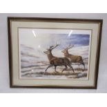 After Robert E Fuller limited edition print of two royal stags.74cm x 57cm.