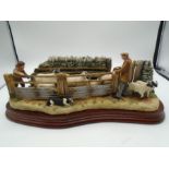 Border Fine Arts 'Shedding Lambs' B0769- border collie, farmers and sheep on wood plinth, approx