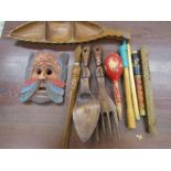 Treen collection to inc carved utensils, mask, instruments etc etc