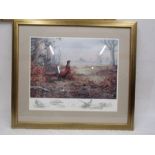 After Carl Donner print of a pheasant with pencil drawings of pheasants at the bottom and a pencil
