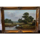 W Reeves. Rural landscape depicting horses by the river. Oil on canvas. gilt framed 106cm x 78cm.