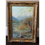 Saxon F Seaman, British, oil on canvas landscape scene of lake and highlands, signed lower left