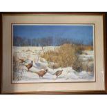 After Richard Plasschaert, Minnesota USA (b. 1941) signed print of Pheasants in snow landscape