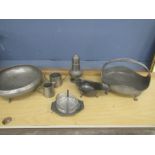 Pewter collection- 2 bowls, jug, sifter, 2 small tankards and a dish with glass inlay