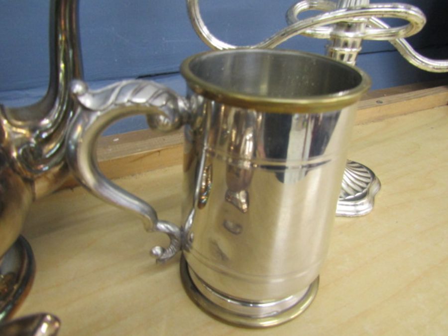 Silver plate teapot, coffee pot ,milk jug and sugar bowl, tankard and candelabra - Image 5 of 5