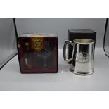 Small bottle of Cognac and crystal glass and one Hobgoblin beer tankard