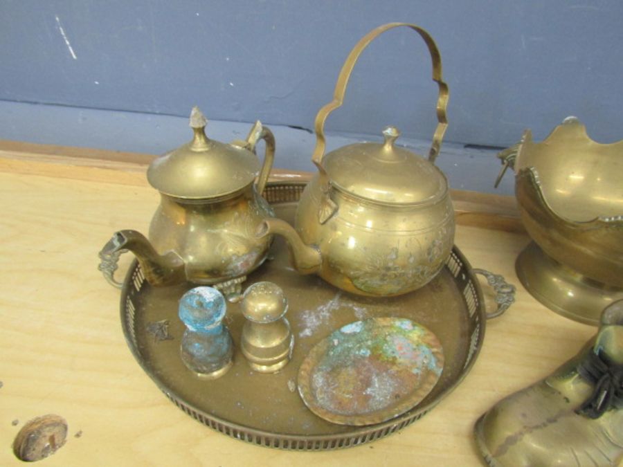 Mixed brass items including pair of candlesticks, teapot and tray etc - Image 3 of 3