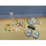 Mixed glass animals, paper weights and ship in bottle etc