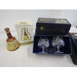Bells whiskey boxed, and 3 boxed sets crystal glasses