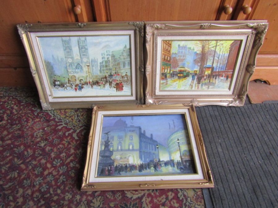 3 J Simpson Housley Oil on boards depicting winter scenes in ornate gilt frames 40cm x 50cm