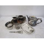 Silver plated items including teapot and glass bowl with hallmarked silver collar