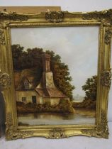 Malcolm Brown oil on canvas depicting a cottage in gilt frame 64x74cm