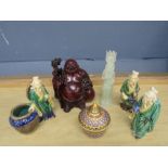 Oriental figurines, pot and treen buddha etc