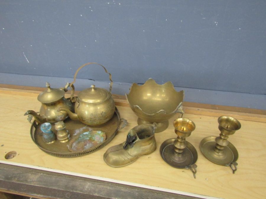 Mixed brass items including pair of candlesticks, teapot and tray etc