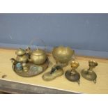Mixed brass items including pair of candlesticks, teapot and tray etc