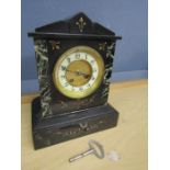 W.R Bullen of Norwich black slate mantel clock with key