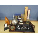 Collectors lot including inlaid wooden tray, clocks and barware etc