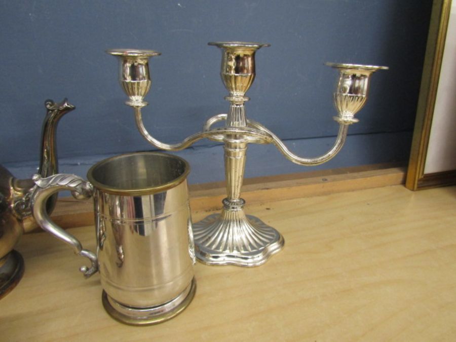 Silver plate teapot, coffee pot ,milk jug and sugar bowl, tankard and candelabra - Image 4 of 5