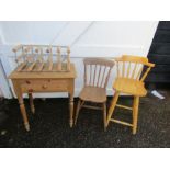 Pine hall table with drawer, chair, stool and wine rack