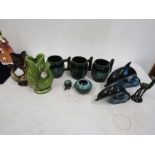 Poole dolphins and otter, gurgle jugs, various studio pottery